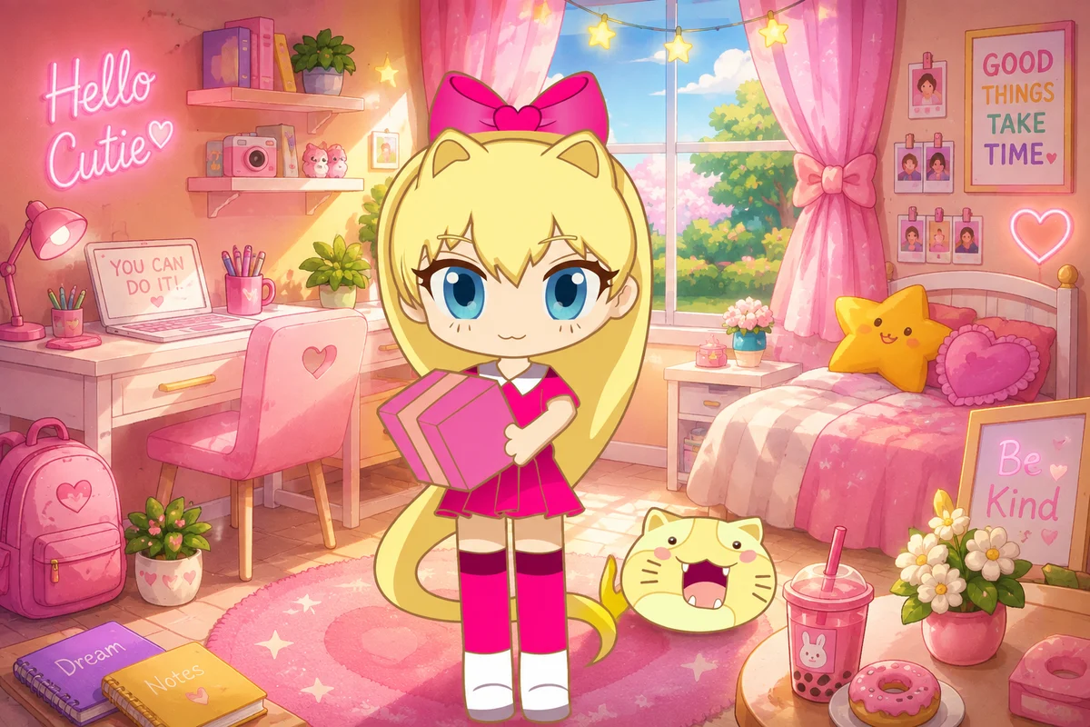 A cozy kawaii bedroom with the Cutie Mew character holding a mystery box