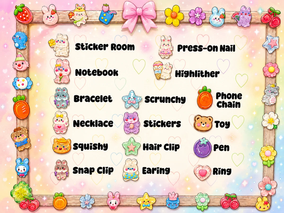 What could be inside a Cutie Mew box — stickers, notebook, bracelet, necklace, squishy, snap clip, press-on nails, highlighter, scrunchy, hair clip, earring, phone chain, toy, pen, ring and more